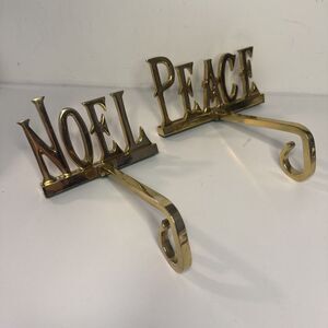 Lot of 2 Brass Long Arm Christmas Stocking Hanger Holder PEACE NOEL